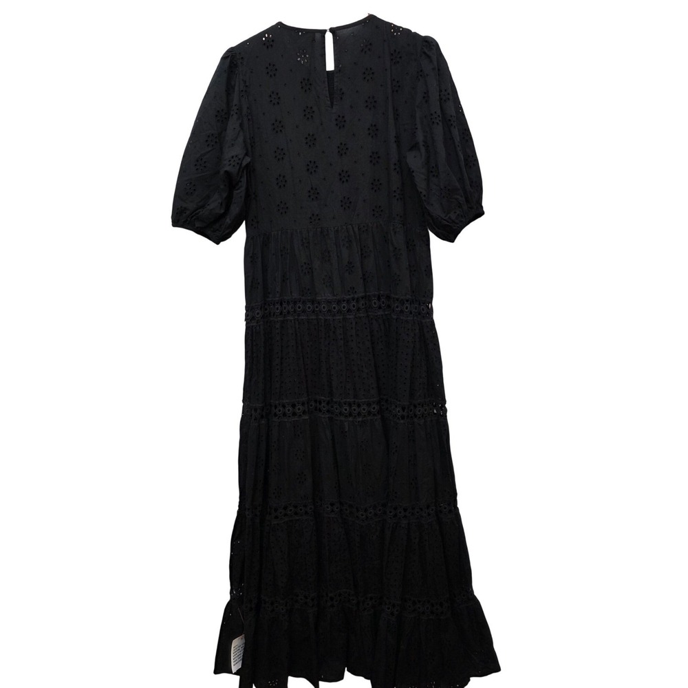 ASOS DESIGN Black Eyelet Cotton Smocked Tiered Maxi Dress Puff Sleeve US 14 Boho - Picture 8 of 15